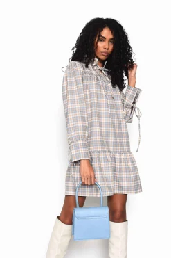 Glamorous Mini Dresses|Mini Dresses|Light Blue Multi Check Tiered Mini Dress with Neck Ruffle -