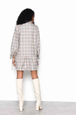 Glamorous Mini Dresses|Mini Dresses|Light Blue Multi Check Tiered Mini Dress with Neck Ruffle -