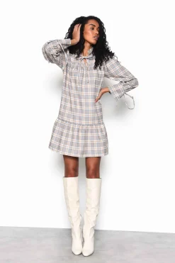 Glamorous Mini Dresses|Mini Dresses|Light Blue Multi Check Tiered Mini Dress with Neck Ruffle -