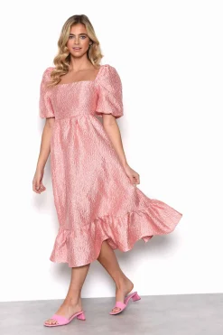 Glamorous Midi & Midaxi Skirts|Midi & Midaxi Dresses|Light Coral Textured Square Neck Puff Sleeve Empire line Mid -
