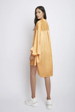 Glamorous Satin Dresses|Light Orange Oversized Satin Shirt Dress -