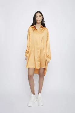 Glamorous Satin Dresses|Light Orange Oversized Satin Shirt Dress -
