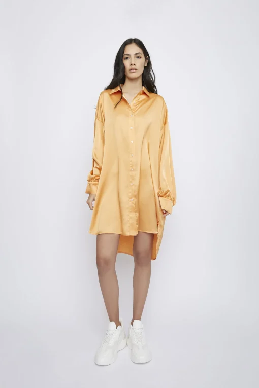 Glamorous Satin Dresses|Light Orange Oversized Satin Shirt Dress -