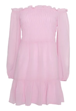 Glamorous Mini Skirts|Mini Dresses|Light Pink Long Sleeve Bardot Mini dress with Smocked Bodice -
