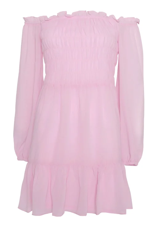 Glamorous Mini Skirts|Mini Dresses|Light Pink Long Sleeve Bardot Mini dress with Smocked Bodice -