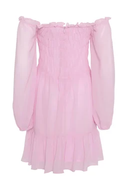 Glamorous Mini Skirts|Mini Dresses|Light Pink Long Sleeve Bardot Mini dress with Smocked Bodice -