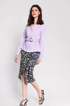 Glamorous Blouses & Shirts|Lilac Belted Long Sleeve Shirt -