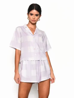 Glamorous Co-ords|Blouses & Shirts|Lilac Checkerboard Short Sleeve Shirt -