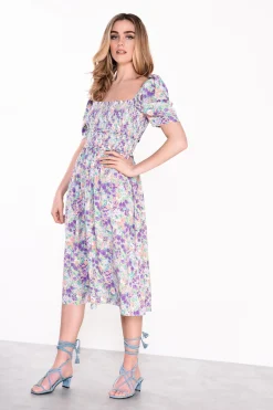 Glamorous Midi & Midaxi Dresses|Midi & Midaxi Dresses|Lilac Garden Floral Square Neck Short Sleeve Midi Dress -