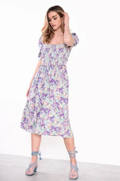 Glamorous Midi & Midaxi Dresses|Midi & Midaxi Dresses|Lilac Garden Floral Square Neck Short Sleeve Midi Dress -