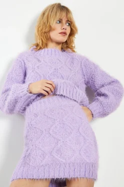 Glamorous Co-ords|Knitted Co-ords|Lilac Mini Skirt with Front Cable Knit Detail -