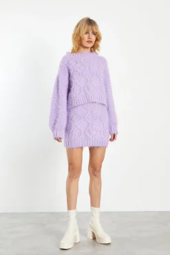 Glamorous Co-ords|Knitted Co-ords|Lilac Mini Skirt with Front Cable Knit Detail -