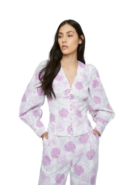Glamorous Blouses & Shirts|Lilac Roses Button Front Long Sleeve Blouse -
