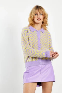 Glamorous Cardigans|Lilac Yellow Diamond Geo Intarsia Knit Collard Cardigan -
