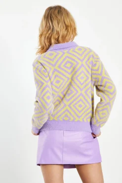 Glamorous Cardigans|Lilac Yellow Diamond Geo Intarsia Knit Collard Cardigan -