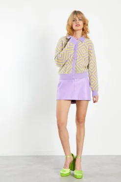Glamorous Cardigans|Lilac Yellow Diamond Geo Intarsia Knit Collard Cardigan -