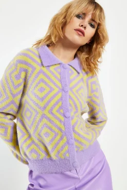 Glamorous Cardigans|Lilac Yellow Diamond Geo Intarsia Knit Collard Cardigan -