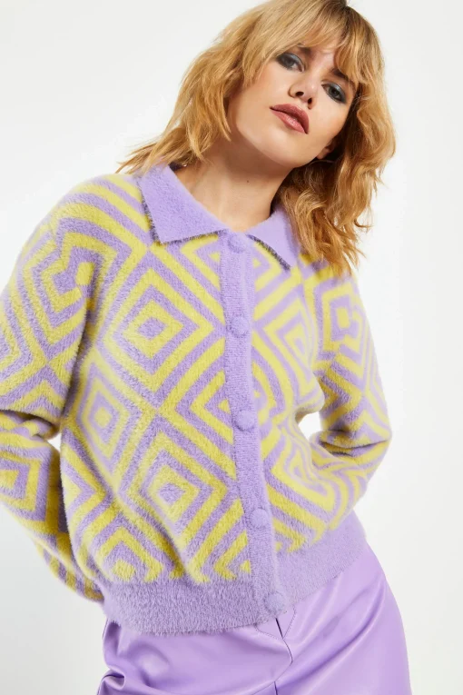 Glamorous Cardigans|Lilac Yellow Diamond Geo Intarsia Knit Collard Cardigan -