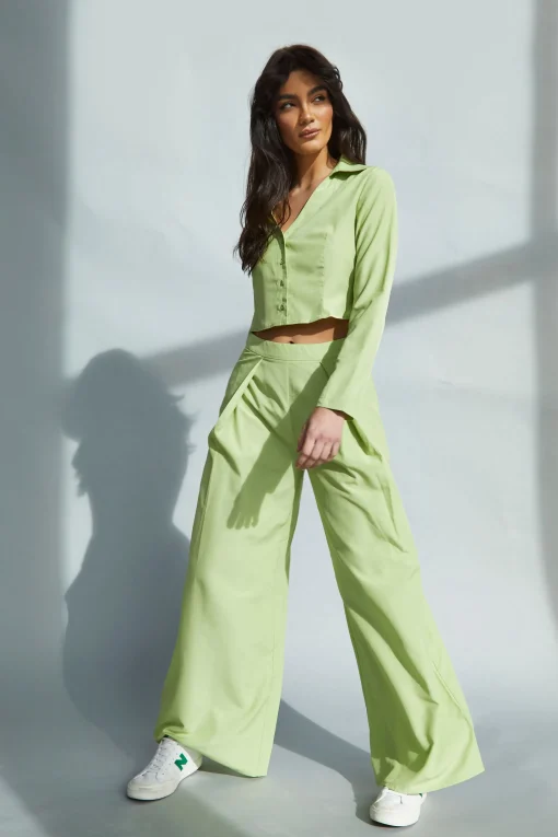 Glamorous Wide Leg Trousers|Lily Green High Waisted Wide Leg Trousers -