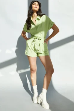 Glamorous Playsuits|Lily Green Tie Waist Short Sleeve Playsuit -
