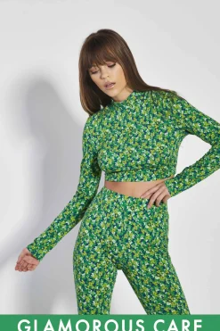 Glamorous Glamorous Care: Our Sustainable Collection|Co-ords|Lime Blue Floral High Neck Long Sleeve Crop Top -