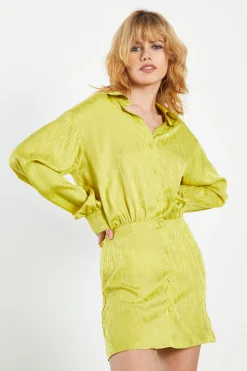 Glamorous Go To Partywear|Satin Dresses|Lime Satin Jacquard Tailored Mini Shirt Dress -