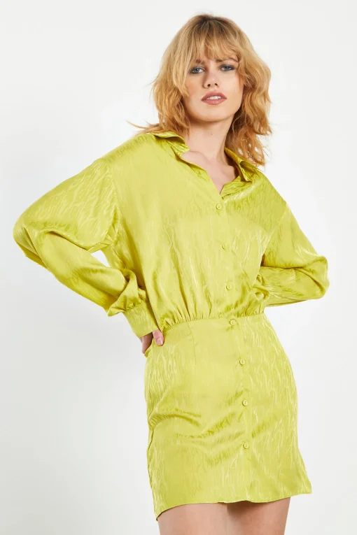 Glamorous Go To Partywear|Satin Dresses|Lime Satin Jacquard Tailored Mini Shirt Dress -