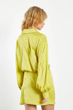 Glamorous Go To Partywear|Satin Dresses|Lime Satin Jacquard Tailored Mini Shirt Dress -