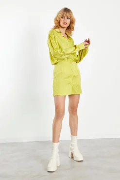 Glamorous Go To Partywear|Satin Dresses|Lime Satin Jacquard Tailored Mini Shirt Dress -