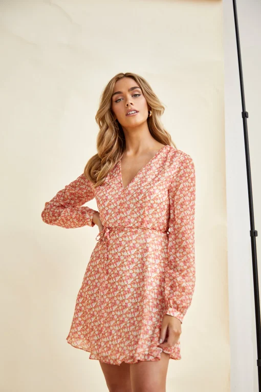 Glamorous Mini Dresses|Mini Dresses|Low V-Neck Mini dress with Long Sleeves & Waist Tie -