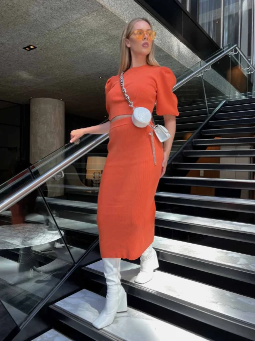 Glamorous Co-ords|Jumpers|Mandarin Orange Round Neck Knitted Jumper -