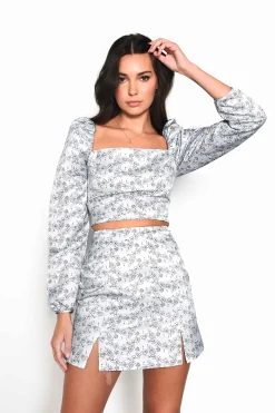 Glamorous Chic Escapes|Mini Skirts|Mint Floral Mini Skirt with Front Splits -