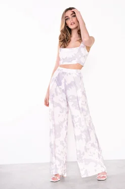 Glamorous Go To Partywear|Wide Leg Trousers|Misty Lilac Abstract High Waisted Wide Leg Trousers -