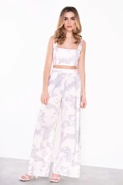 Glamorous Go To Partywear|Wide Leg Trousers|Misty Lilac Abstract High Waisted Wide Leg Trousers -