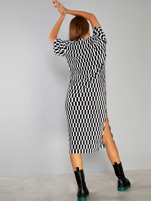 Glamorous Day Dresses|Midi & Midaxi Dresses|Mono Check Plisse Pattern Midi Dress -