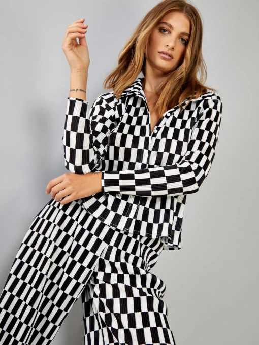 Glamorous Blouses & Shirts|Mono Check Plisse Button Front Shirt -