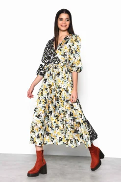 Glamorous Wrap Dressses|Midi & Midaxi Dresses|Mono Mustard Floral Wrap Front Tiered Midaxi Dress -