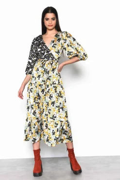 Glamorous Wrap Dressses|Midi & Midaxi Dresses|Mono Mustard Floral Wrap Front Tiered Midaxi Dress -
