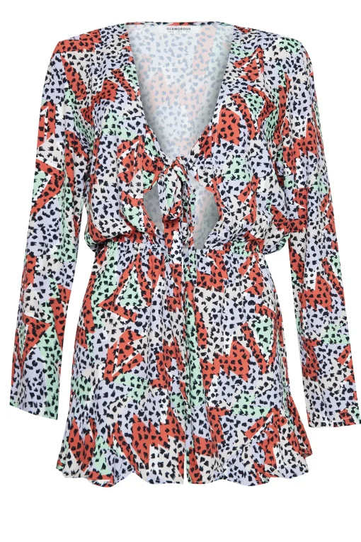 Glamorous Playsuits|Multi Geo Print Tie Front Playsuit -