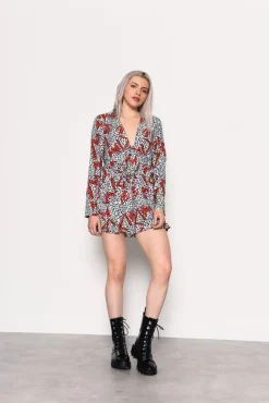 Glamorous Playsuits|Multi Geo Print Tie Front Playsuit -