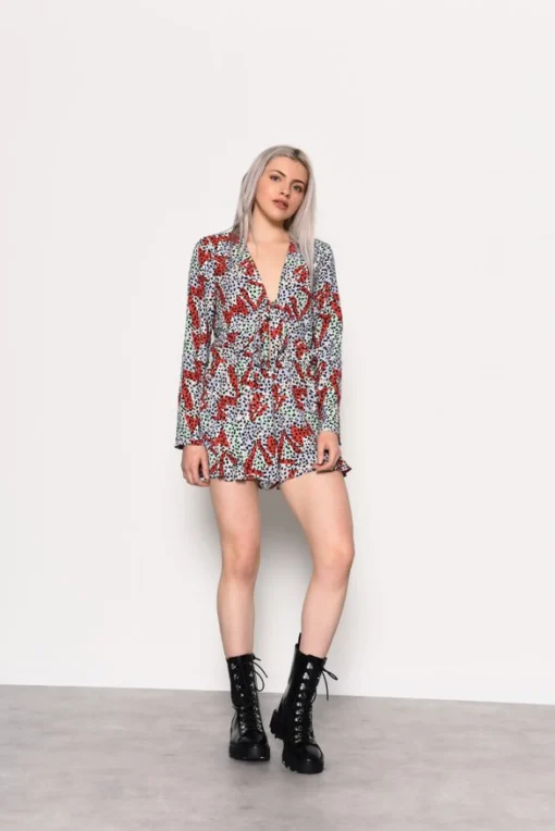Glamorous Playsuits|Multi Geo Print Tie Front Playsuit -