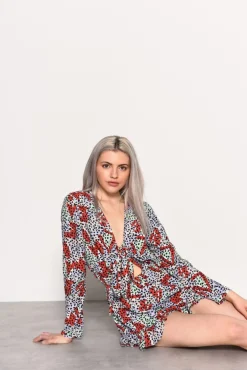 Glamorous Playsuits|Multi Geo Print Tie Front Playsuit -
