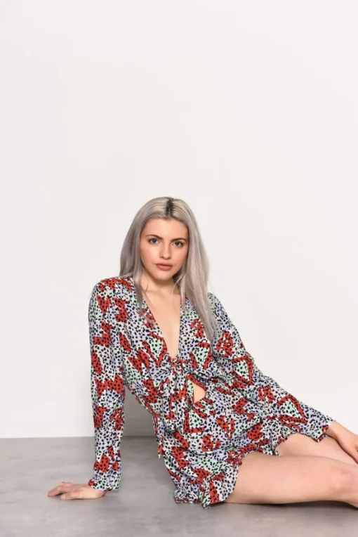 Glamorous Playsuits|Multi Geo Print Tie Front Playsuit -