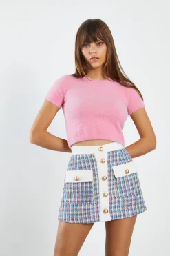 Glamorous Mini Skirts|Multi Tweed White Mini Skirt with Contrast Pockets & Waistba -