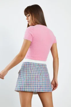 Glamorous Mini Skirts|Multi Tweed White Mini Skirt with Contrast Pockets & Waistba -