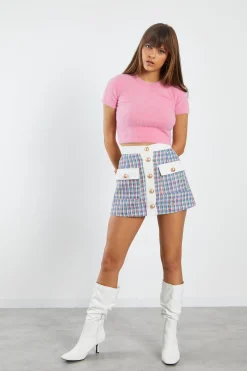 Glamorous Mini Skirts|Multi Tweed White Mini Skirt with Contrast Pockets & Waistba -