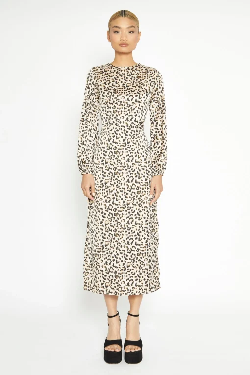 Glamorous Day Dresses|Midi & Midaxi Dresses|Natural White Leopard print Long Sleeve Midi Dress -