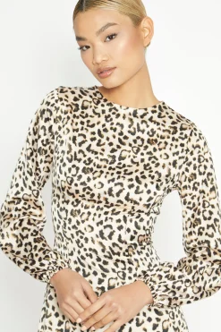 Glamorous Day Dresses|Midi & Midaxi Dresses|Natural White Leopard print Long Sleeve Midi Dress -