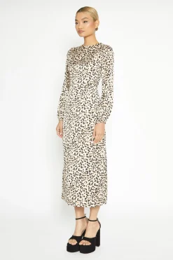 Glamorous Day Dresses|Midi & Midaxi Dresses|Natural White Leopard print Long Sleeve Midi Dress -
