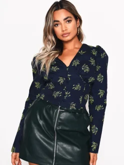 Glamorous Blouses & Shirts|Navy Bouquet Floral Button Front Blouse -